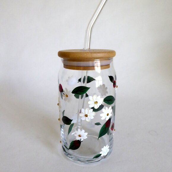 NEW 16oz HAND PAINTED DAISY FLOWER LADY BUGS BEJEWELED GLASS SIPPER W/ STRAW - Picture 1 of 13